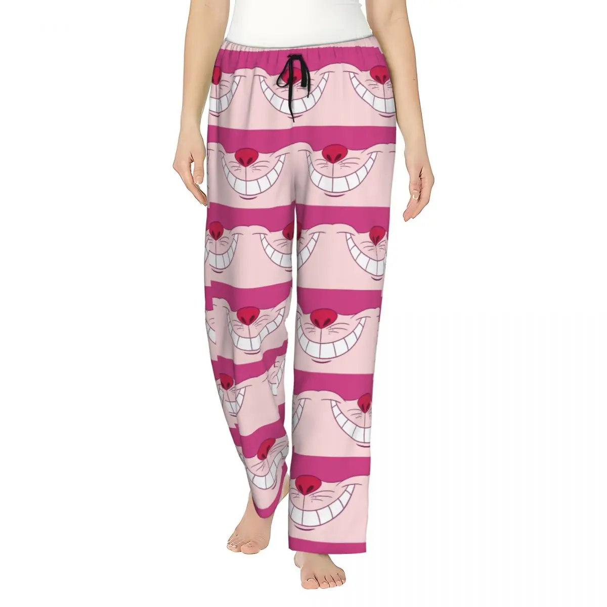 Custom Printed Cartoon Manga Cheshire Cat Smile Pajama Pants Womens Sleep Sleepwear Bottoms with Pockets