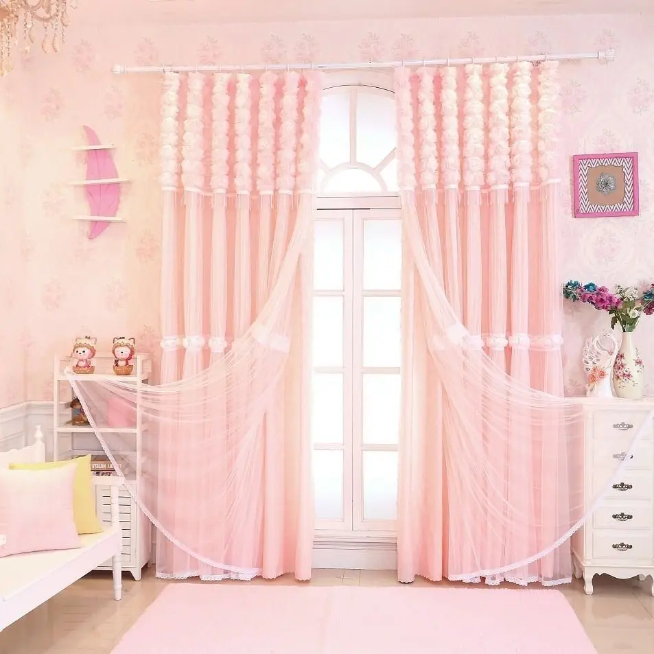 Princess Simple Girl Lace Three Dimensional Flower Double Layer Curtain for Bedroom Living Room