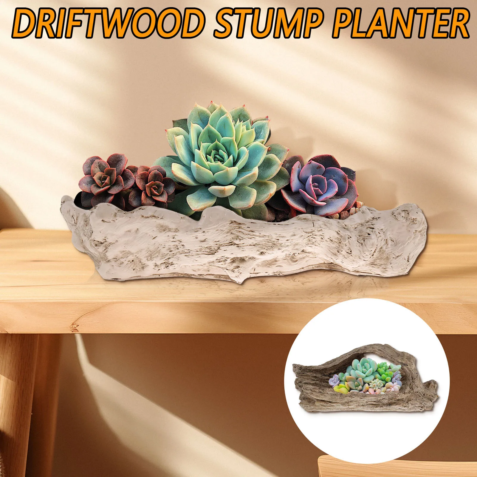 

Pastoral Retro Landscape Flower Pot Succulent Planting Pots with Drainage Hole Decorative Driftwood Planter Resin Driftwood