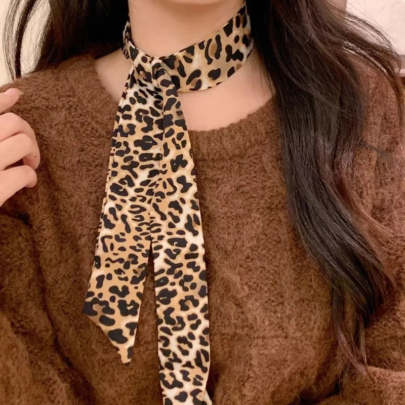 

Y2k 1m Length Trendy Leopard Print Long Thin Scarf Multifunctional Silk Scarf Accessory for Women Neck Wrist Bag Decoration