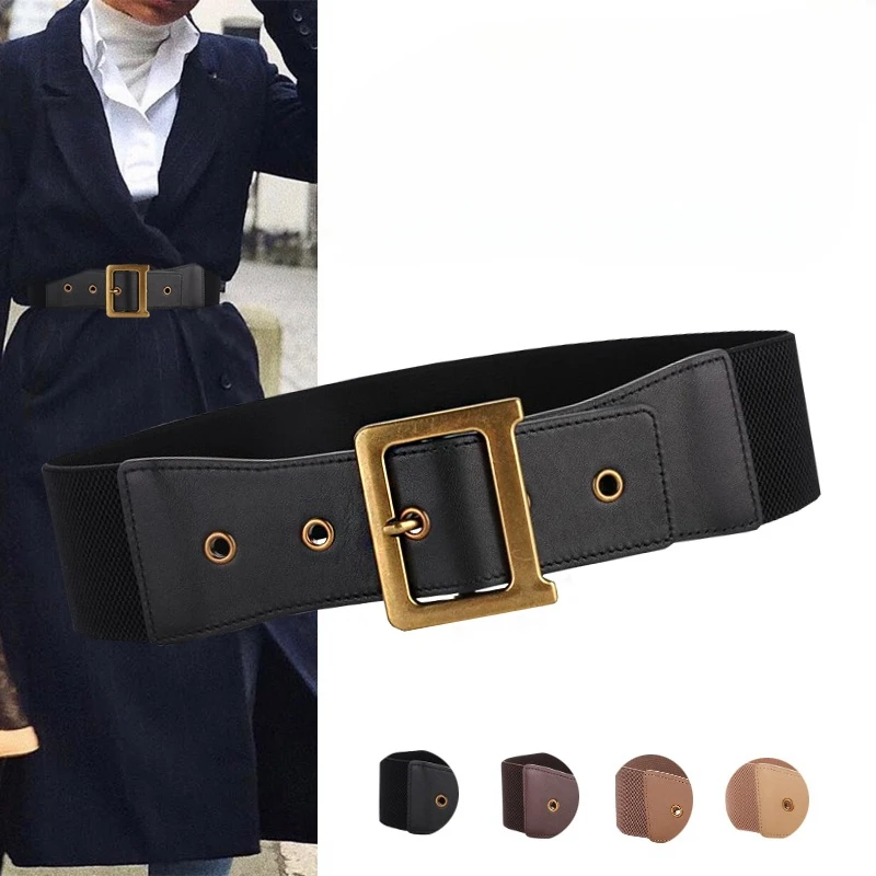 

Women's Elastic Wide Waist Corset Belt, Stretchy Waistband with Leather Details and Metal Buckle for Vintage Style Dress or Coat