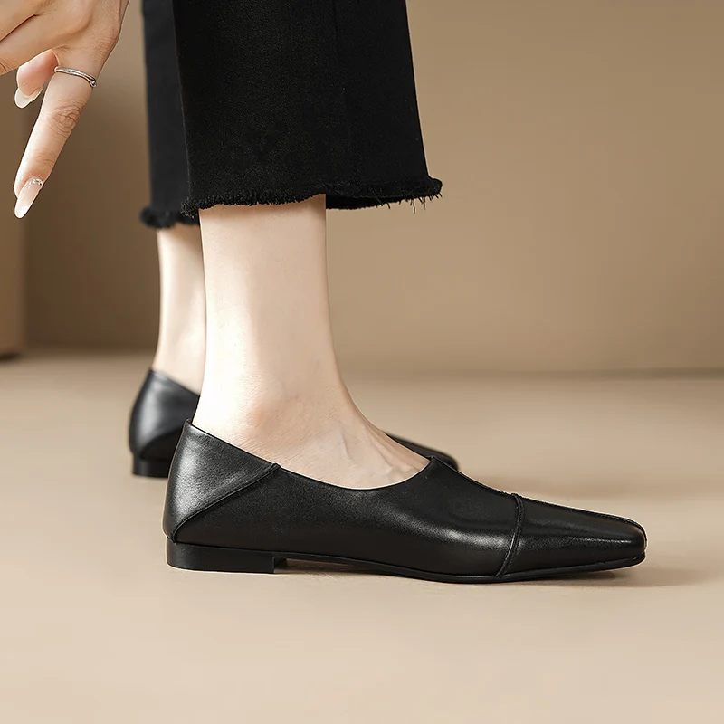 Cow Leather Square Toe Women Low heel Casual Loafers Women Shoe Without Heel 2024 Spring Autumn Mules Woman Simple White Shoes