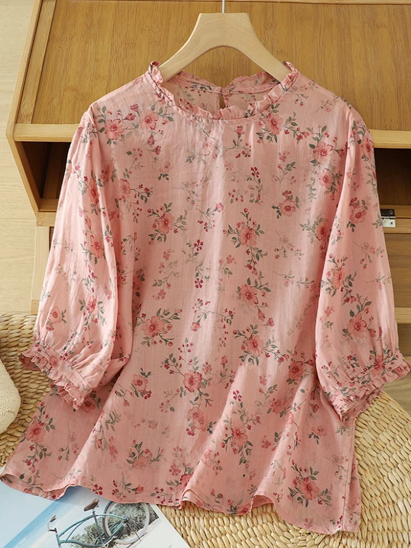 

Элегантная женская блузка из льна с цветочным принтом в японском стиле, повседневная, летняя, больших размеров, для создания омолаживающего образа