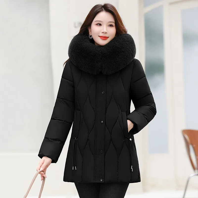 Women Hooded Parkas Coats Mid Lenth Jackets Middle Old Age Oversize Solid Zipper Thick Slim Casual Office Lady 2025 Winter