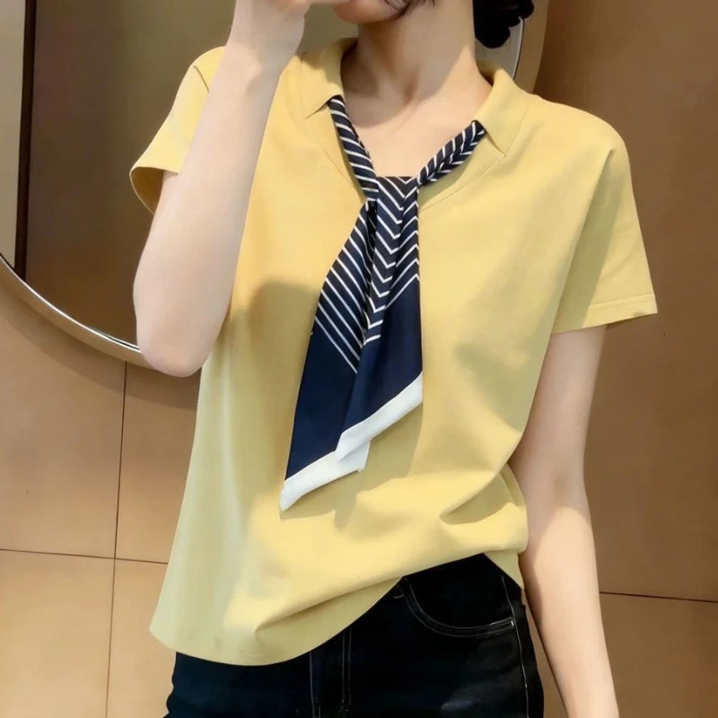 Contrast Lacing Plus Size Short Sleeve T Shirts New Summer V Neck Simplicity Elegant Tops Fashion Casual Women Clothing