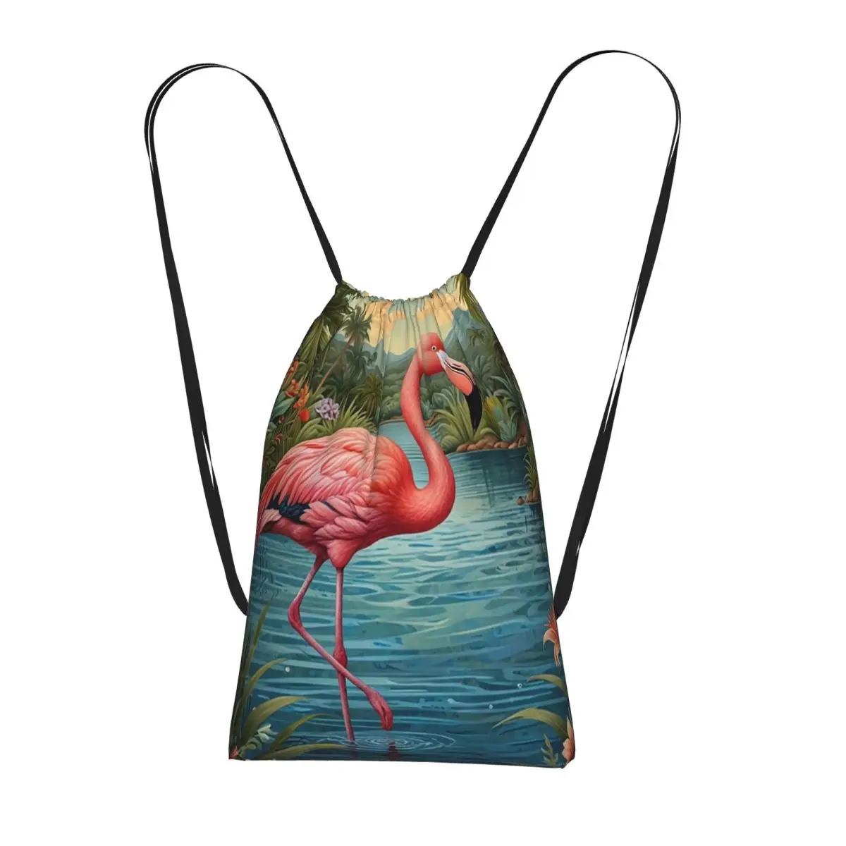 

Flamingo In The Tropical Pond Backpacks Fashion Drawstring Bags Sports Bag Book Bags for Man Woman School