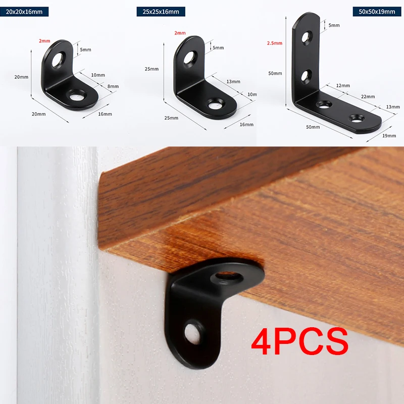 4Pcs Black Stainless Steel Corner Code L Shape Fixed Bracket Connector 90 Degree Laminate Support Right Angle Corner Code