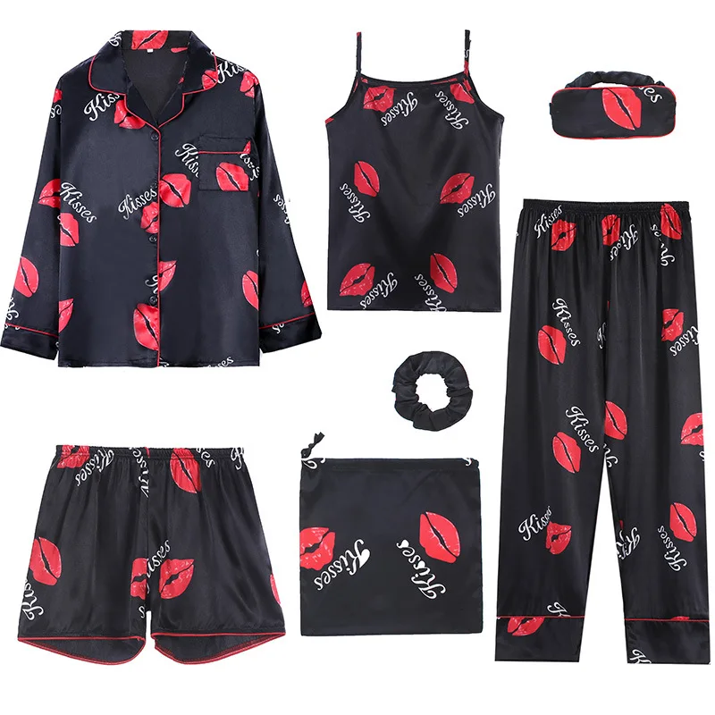 7-Piece Set of Heart-Shaped Printed Silk Satin Pajamas Button Up Top+Vest+Pants+Shorts Home Sleepwear with Eye Mask and Headband