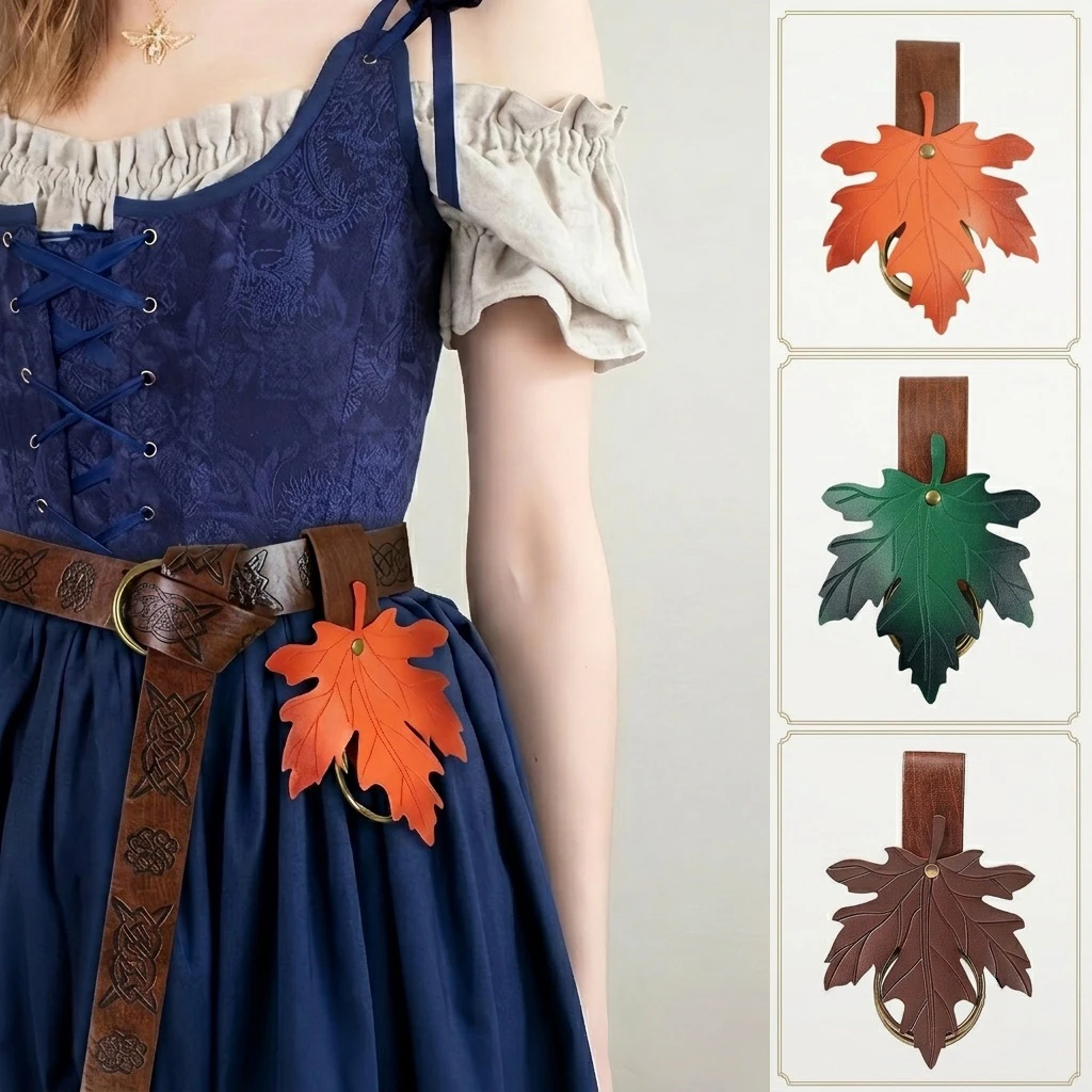 Renaissance Costume Accessories PU Leather Hiking Skirt Clip Medieval Viking Maple Leaf-Shaped Double Buckle Cosplay Props for Halloween