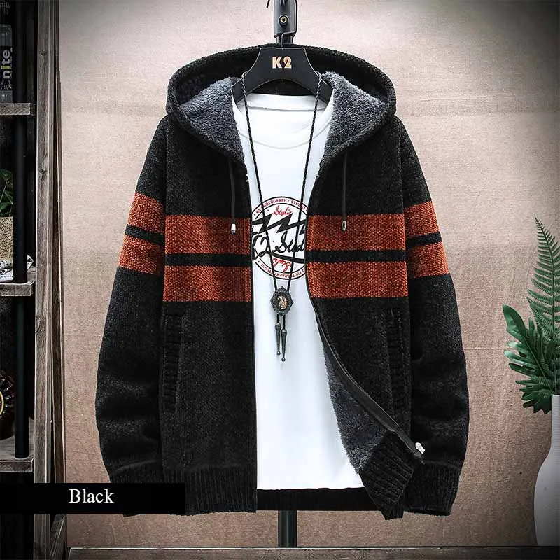 FALIZA New Spring Mens Hooded Cardigan Jumpers Striped Sweater Coat Thick Fleece Warm Zipper Wool Men Knitted Chenille Sweaters
