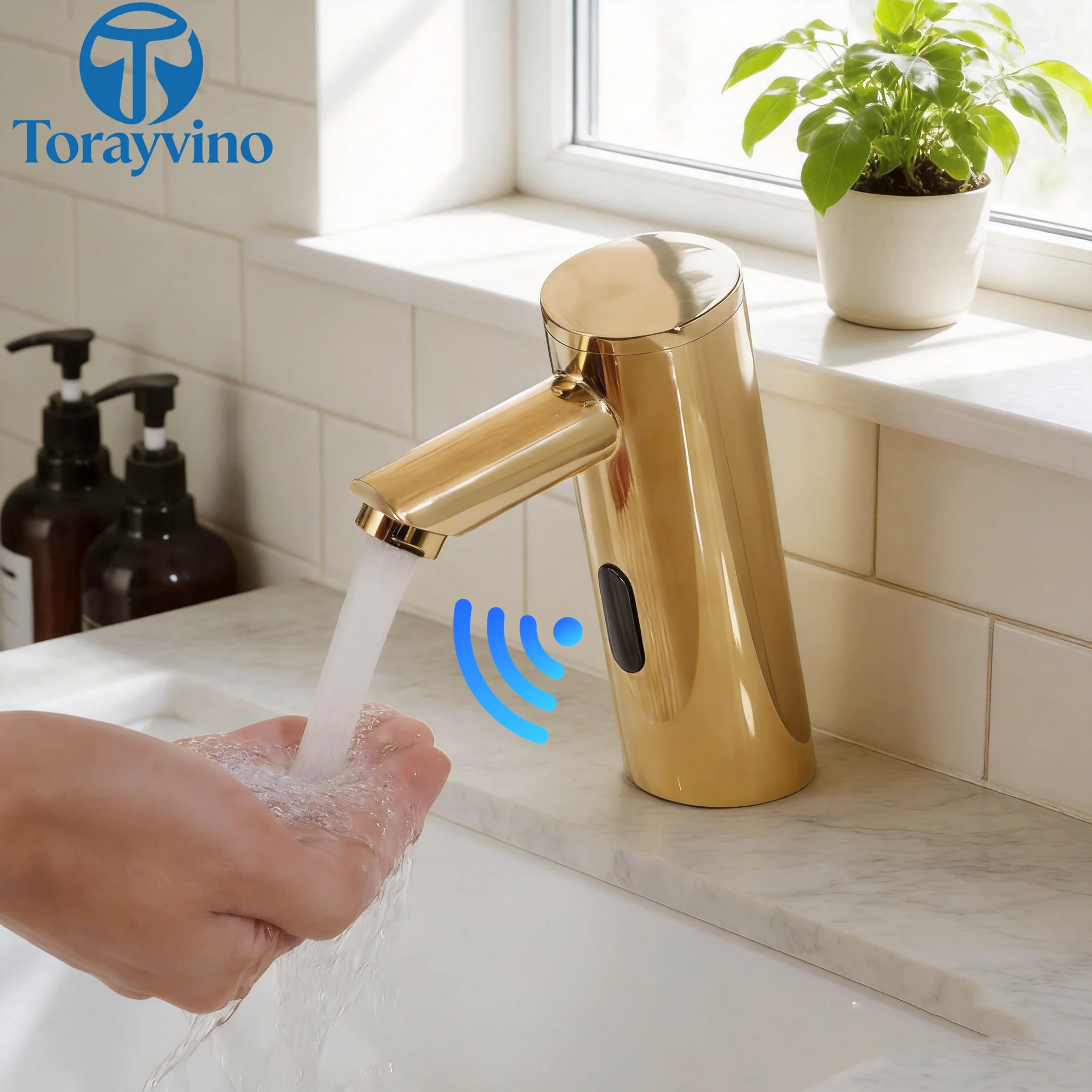 Torayvino Bathroom Basin Sink Faucet Automatic Sensor Faucets and Sink Hot & Cold Water Mixer Touch Senser Deck Mounted Taps