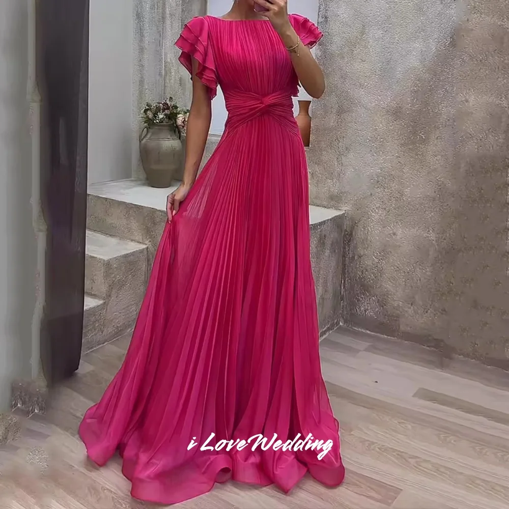 

Rose Pink O-Neck Evening Dresses 2025 Cap Sleeves Ruffles A Line Floor-Length Pleated Prom Dress Wedding Party Dress Customized