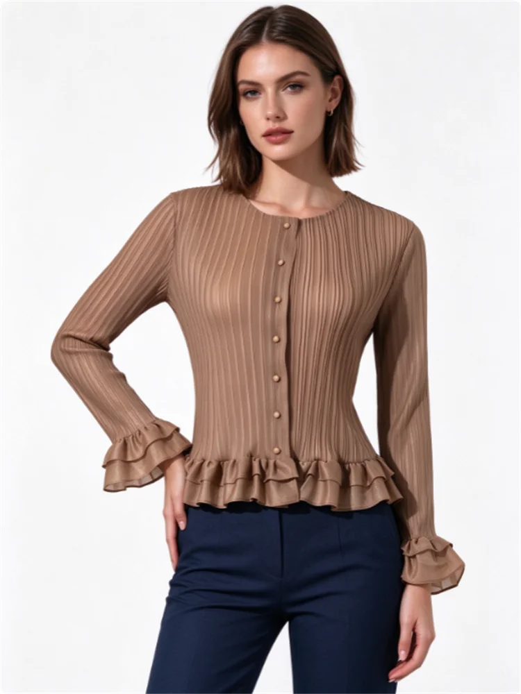 Miyake Pleated Women Black Round Neck Pleated Top, Button Front Ruffle Hem Blouse, Long Sleeve Shirt