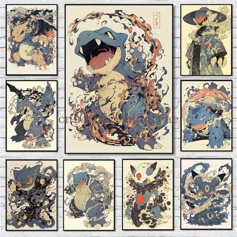 

Vintage Anime Pokemon Peripherals Poster Roles Squirtle Charizard Picture Canvas Painting Wall Art Kids Bedroom Decor Cuadros