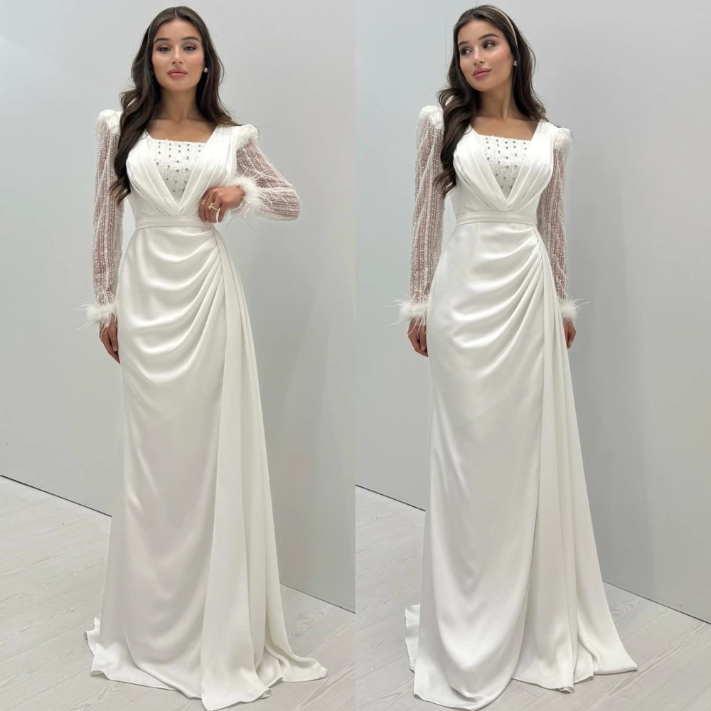 

Customized Elegant Satin Sweep Train Evening Dress Simple Long Sleeves Prom Dresses Luxury Square Collar Special Occasion Gowns