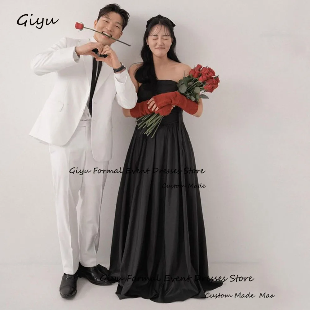 

Giyu Black A-line Korea Wedding Dress Photo Shoot Strapless Floor-Length Evening Gown Dress Draped Birthday Party Dress