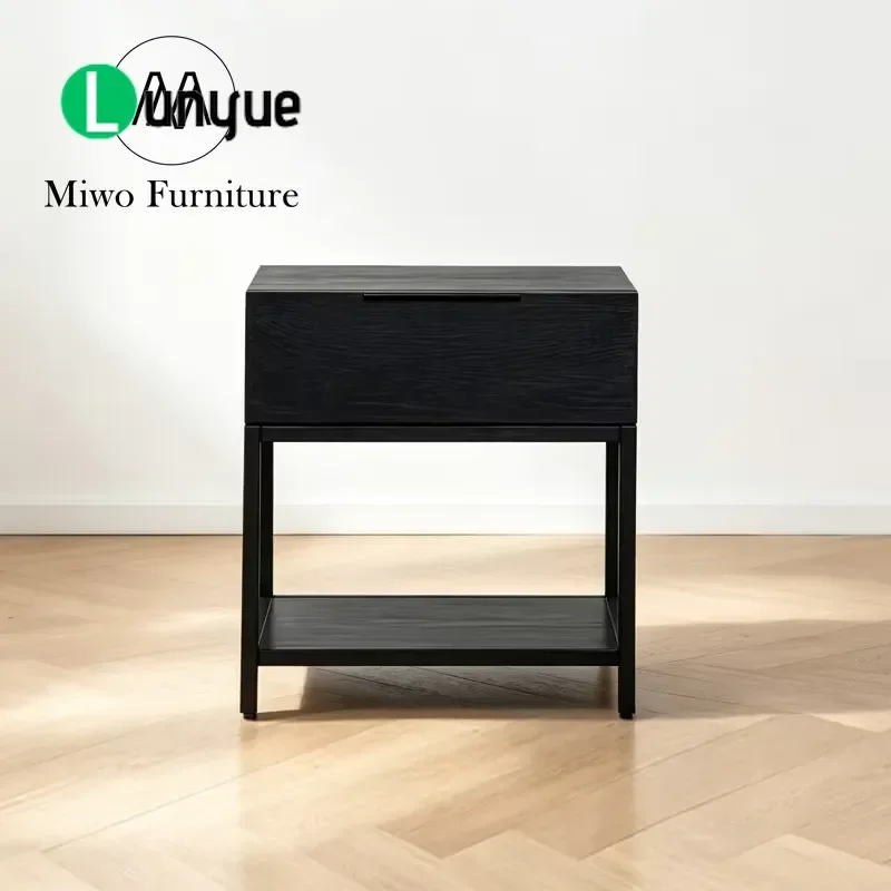 Modern Black Wooden Single Drawer Bedside Table Hotel Bedroom Nightstand Living Room Side Table Dark Finish Storage Furniture