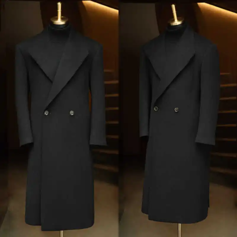 

Classic Men Long Coat Wool Blend Shawl Lapel Double Breasted Jacket Blazers Autumn Winter Customized One Piece Wear