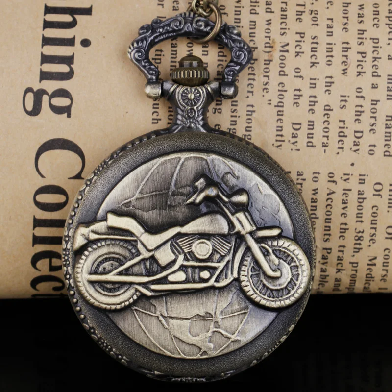 Vintage brązowy motocykl projekt elegancki vintage zegarek kieszonkowy kolekcja zdobione naszyjniki prezentowe dla mężczyzn i kobiet