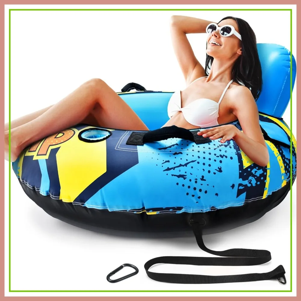 

53" Heavy Duty River Tube with Premium Canvas Cover, Inflatable Water Tubes for Floating, Tubing Floats for Pool Lake, 2 Cup Holders, 2 Grip Handles for Adults