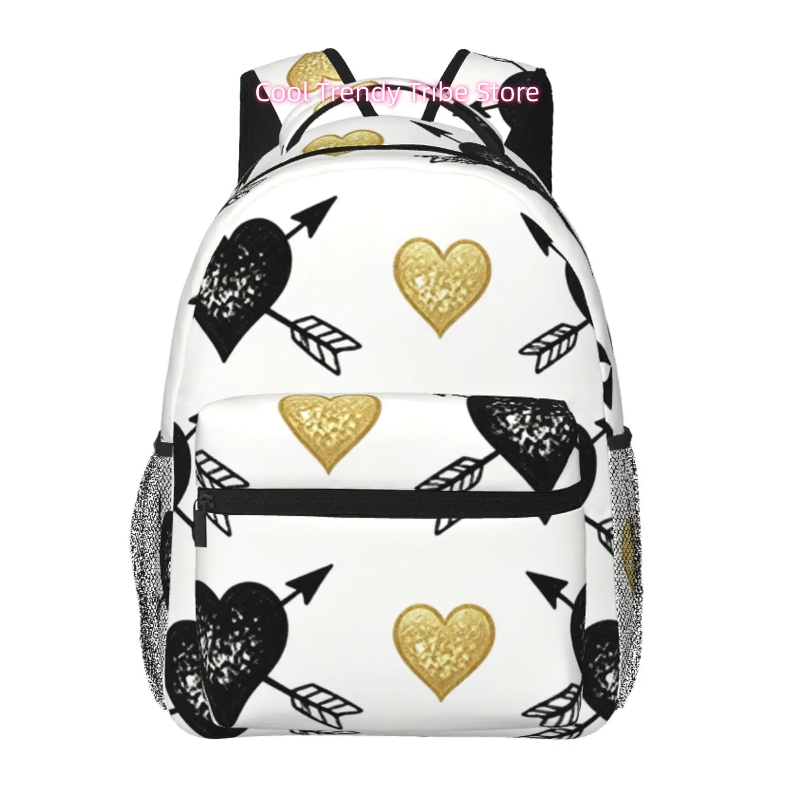 Black, Golden& White Heart and Arrow Print Backpack, High Quality Oxford Cloth Casual Daypack, Adjustable Straps, Gift for Mom,
