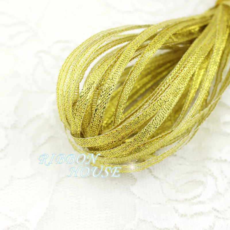 (40 meters/lot) 1/8'' (3mm) gold polyester organza ribbons Christmas packaging ribbon high-grade quality squares ribbons