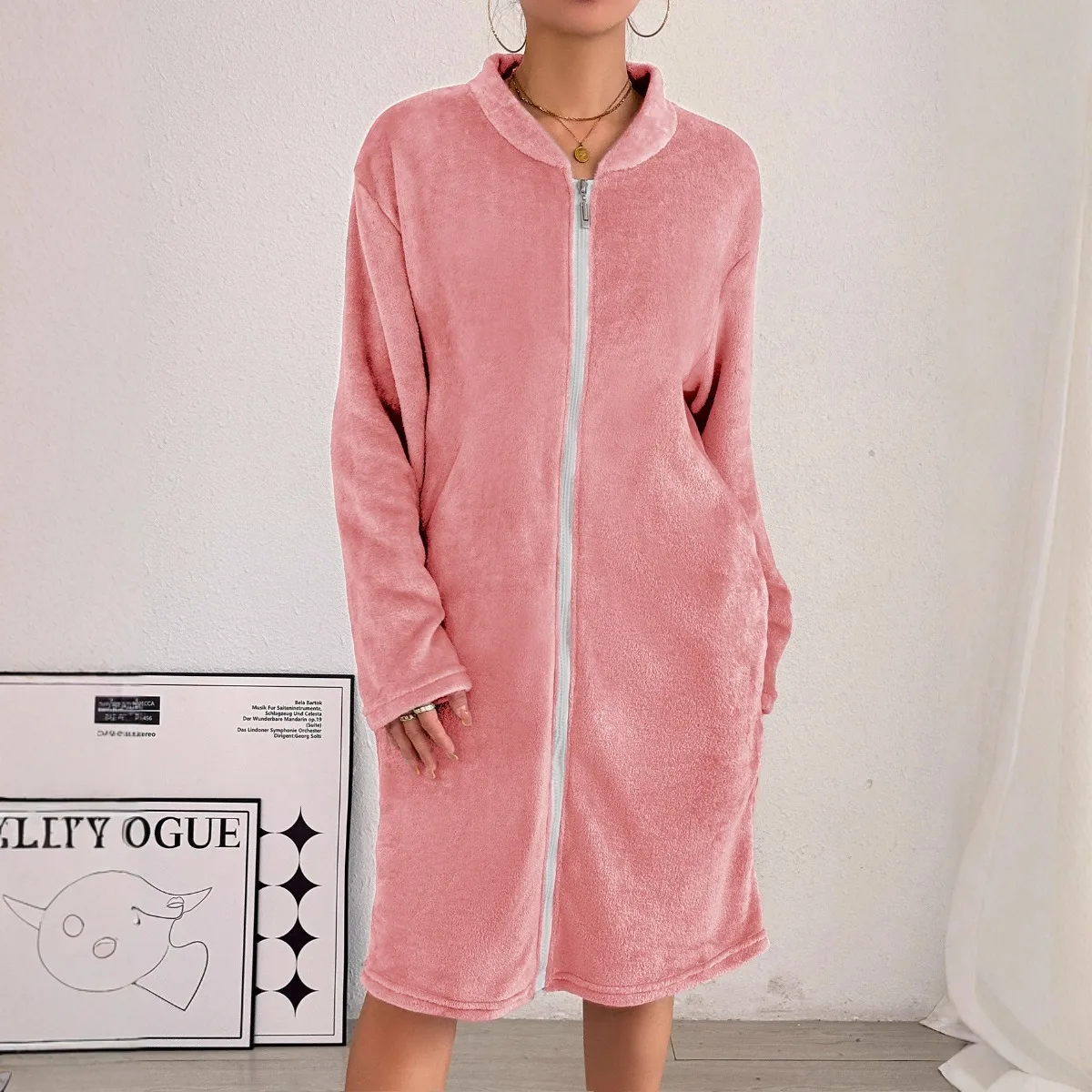 Full‑Zipper Winte Women Nightdress Soft Thick Flannel Fleece Stand Collar Loose Bath Robe Cozy Thermal Home Nightwear