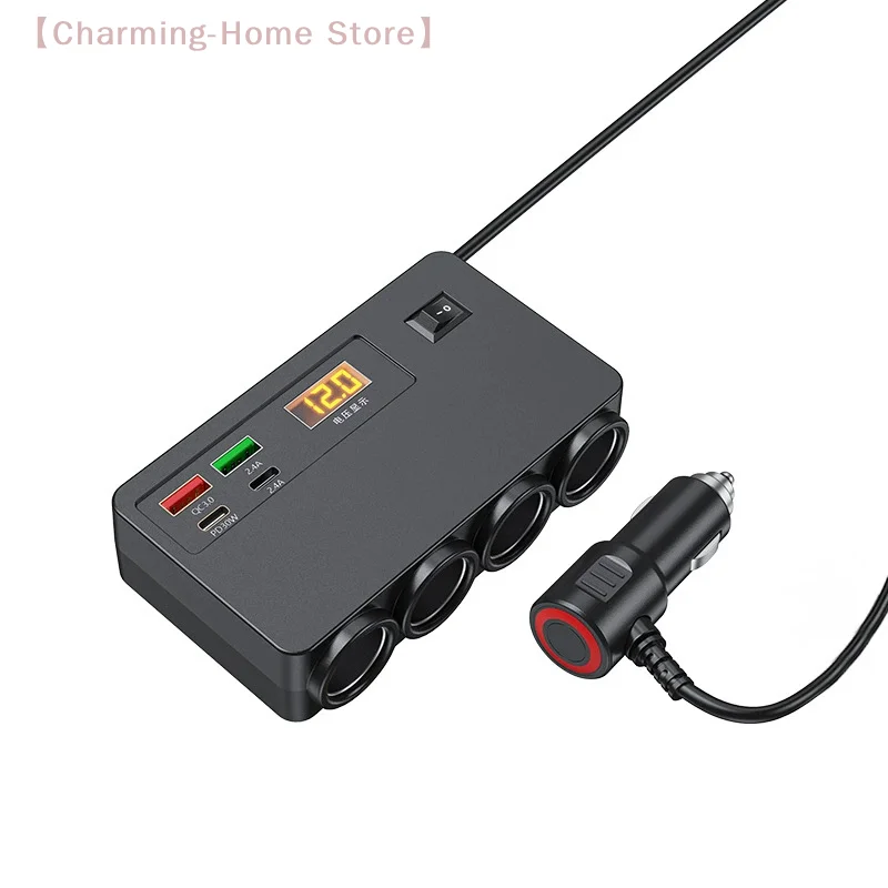 【M】120W Multi-Functional Vehicle Charger USB/TYPE-C Fast Charging Four Conversion Interfaces, With Digital Voltage Display