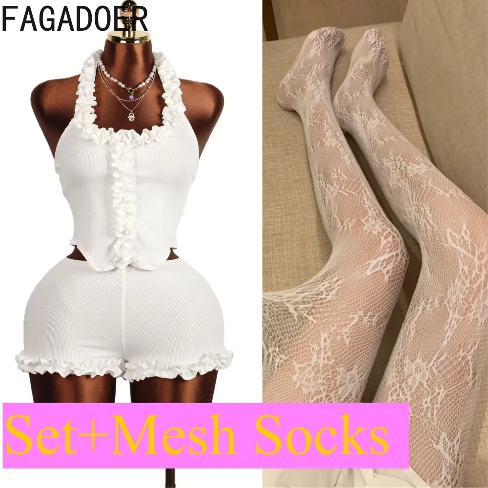 FAGADOER Sexy Ribbed Two Piece Outfits Woman Halter Backless Ruched Patchwork Crop Top and Shorts Matching Female Streetwear New