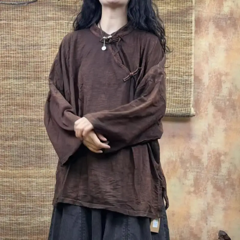 

Новое поступление 2024 года, осенние женские винтажные повседневные рубашки на пуговицах в стиле искусства, однотонная свободная блузка из хлопка и льна высокого качества, женские топы