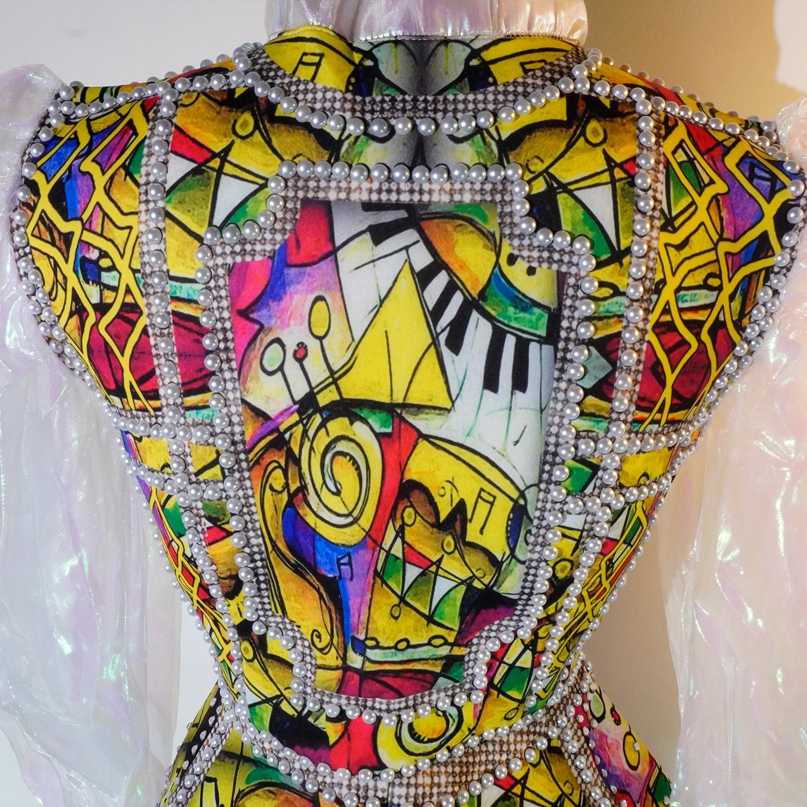 Mulheres puff manga pérola impressão jaqueta shorts conjunto strass bodysuit vintage sexy boate drag queen festival festa traje