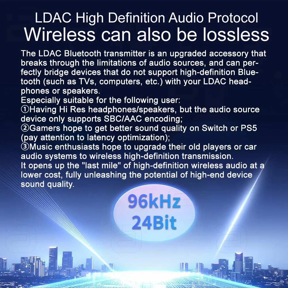 Type-C Bluetooth 6.0 송신기 QCC.5181 LDAC AptX 무손실/HD 96kHz/24bit 무선 어댑터 전화/PC/태블릿용 1~2개 출력 썸네일 5