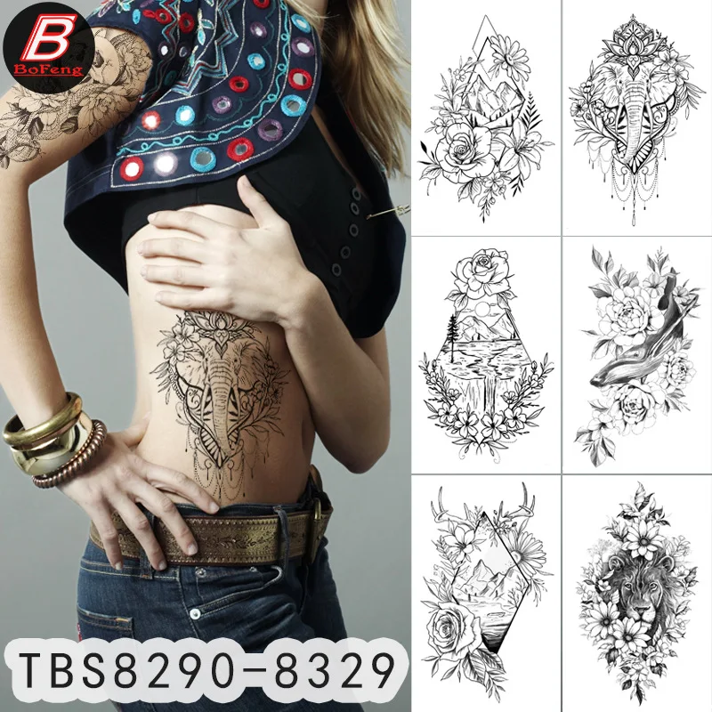 

Half Arm Temporary Tattoo Stickers Waterproof Durable Hand-painted Black And White Animal Flower Body Art Fake Tattoo Stickers