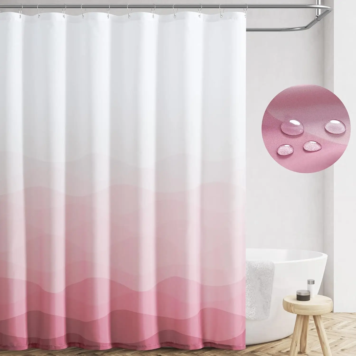 Pink Ocean Wave Shower Curtain Waterproof Fabric Shower Curtains for Bathroom Gradual Color Design Nautical Coastal Beach Bath