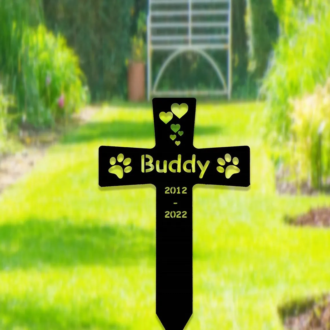 

Custom Cross Sign Metal Pet Memorial Stake Dog Paw Prints Grave Marker Black Plaque Personalized Dog Cat Loss Gift