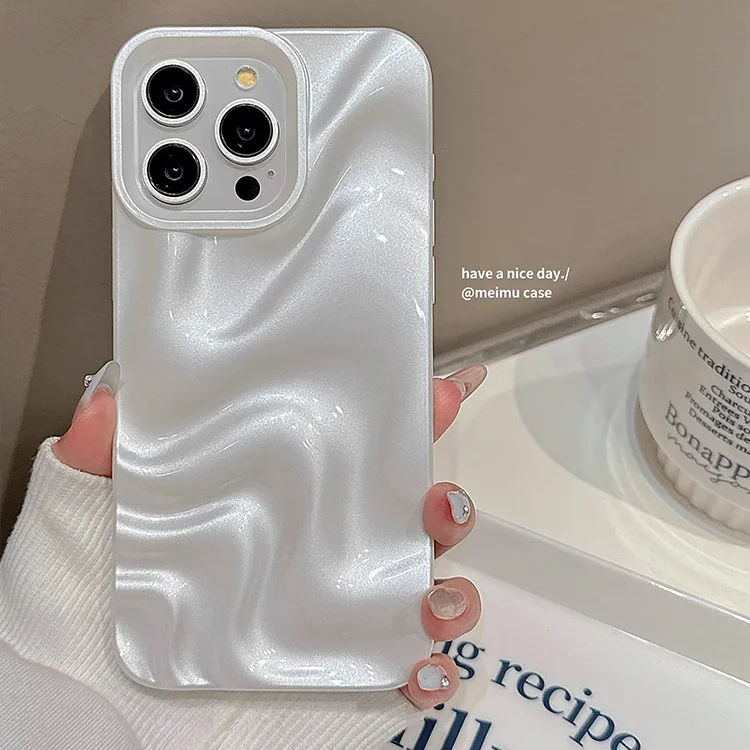 Premium Feeling iPhone11pro Pearl White iPhone13 Stereoscopic Water Ripple iPhone15promax Case iPhone14 Anti-Shock iPhone12