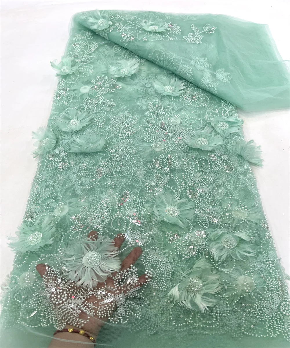 5 yd 3D Feather Bead Lace fabric, High quality, Mesh embroidery, Nigerian Lace Fabric, Dress 2024