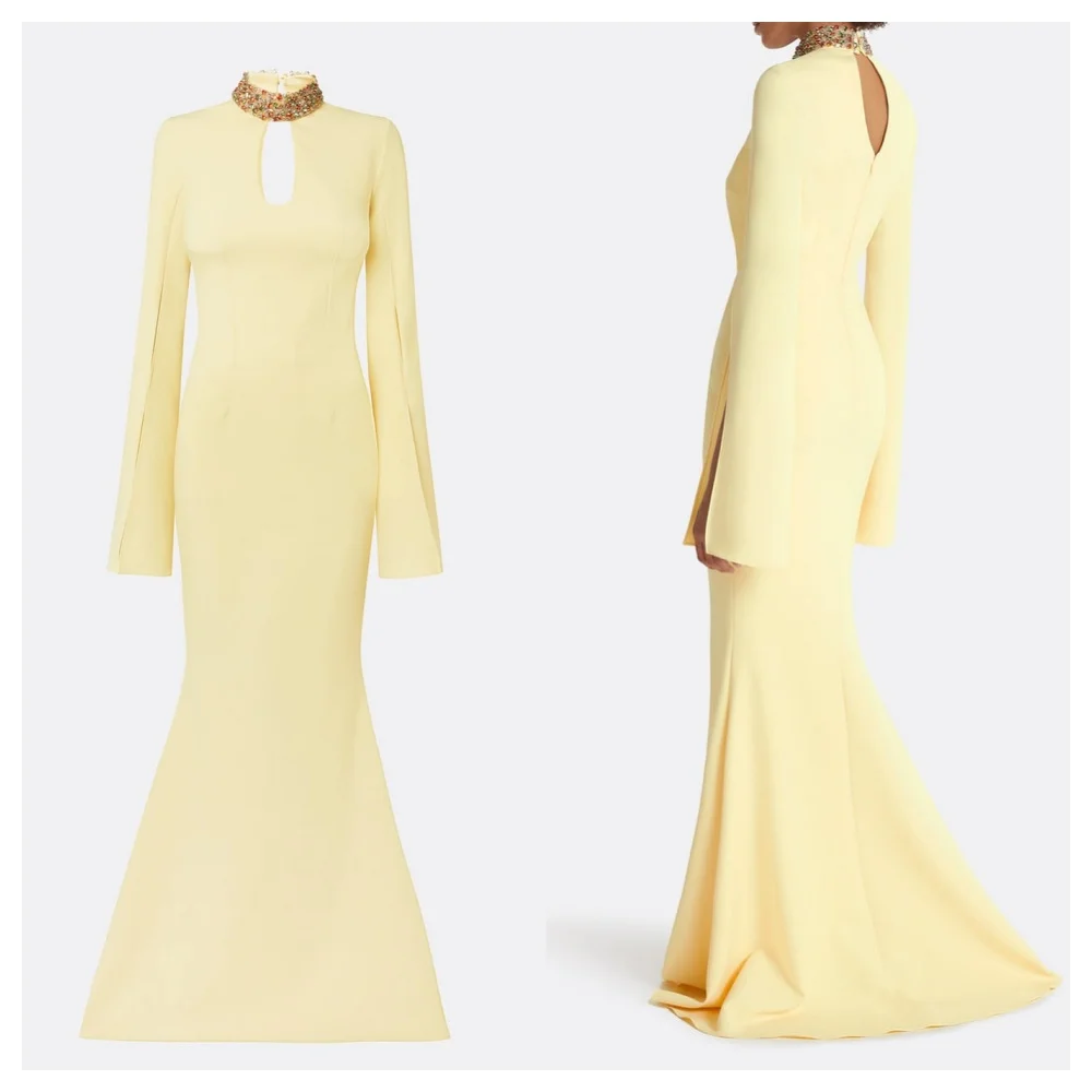 Aangepaste klassieke gele jersey avondjurk mode ronde hals lange mouwen feestjurk delicate rechte beroemdheidsjurken