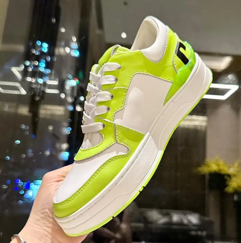 Luxury Designer Mixed Color Small White Shoes Round Toe Genuine Leather Lace Up Casual Shoe Thick Sole Fashion New Women Sneaker