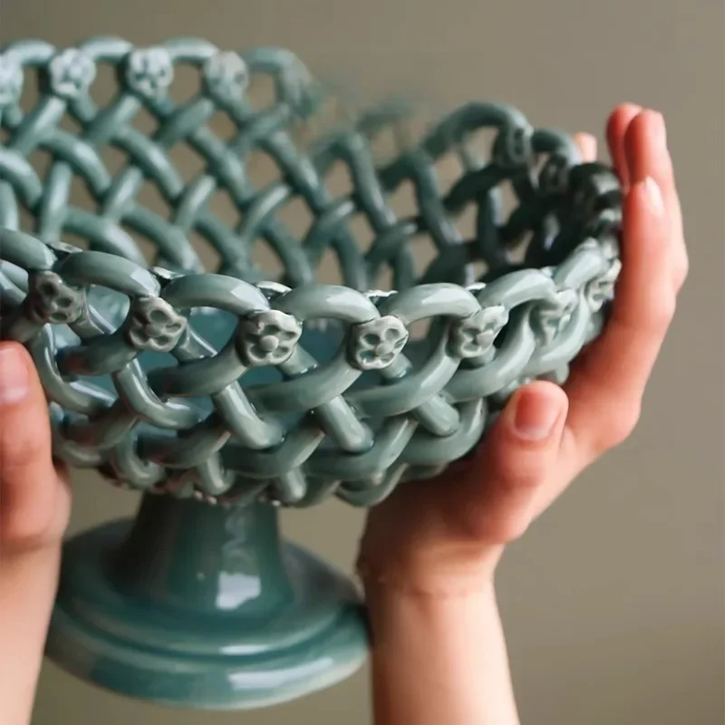 Handmade pottery flower tall fruit basket