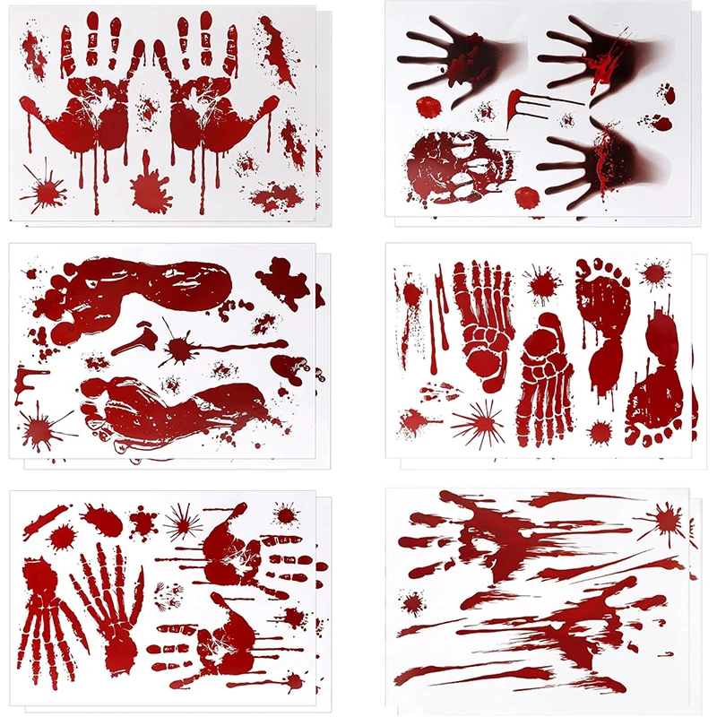 

2set Halloween Horror Bloody Handprint Footprint Window Sticker for Window Wall Floor Bathroom Indoor Halloween Party Decoration