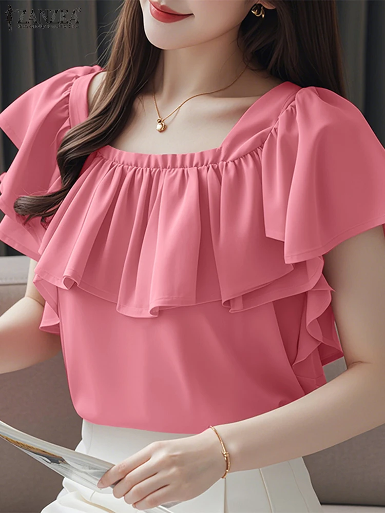 

ZANZEA Fashion Blouse Summer Women Square Collar Solid Color Ruffled Tunic Tops 2025 Short Sleeve Elegant OL Office Lady Shirts