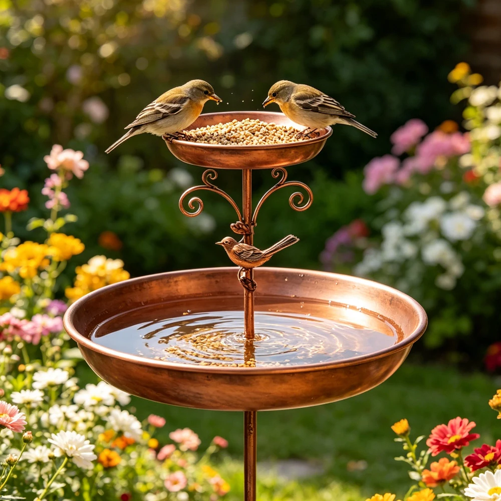 A Vintage Copper-Colored Iron Bird Bath and Feeder, Dual-Purpose, with a Double-Layer Design to Accommodate Hummingbirds, Bees, Butterflies, Etc., for Simultaneous Use. Rust-Resistant for Outdoor Use, with 5 Stable Legs for Insertion, Garden and Yard Decoration, Bird Drinking and Bathing Station, Easy to Clean, Classic Garden Decoration, Outdoor Decoration, Durable Handmade Product, Holiday Decoration/Outdoor Bird Feeder/Basic Feeding Equipment/Outdoor Scene Decoration