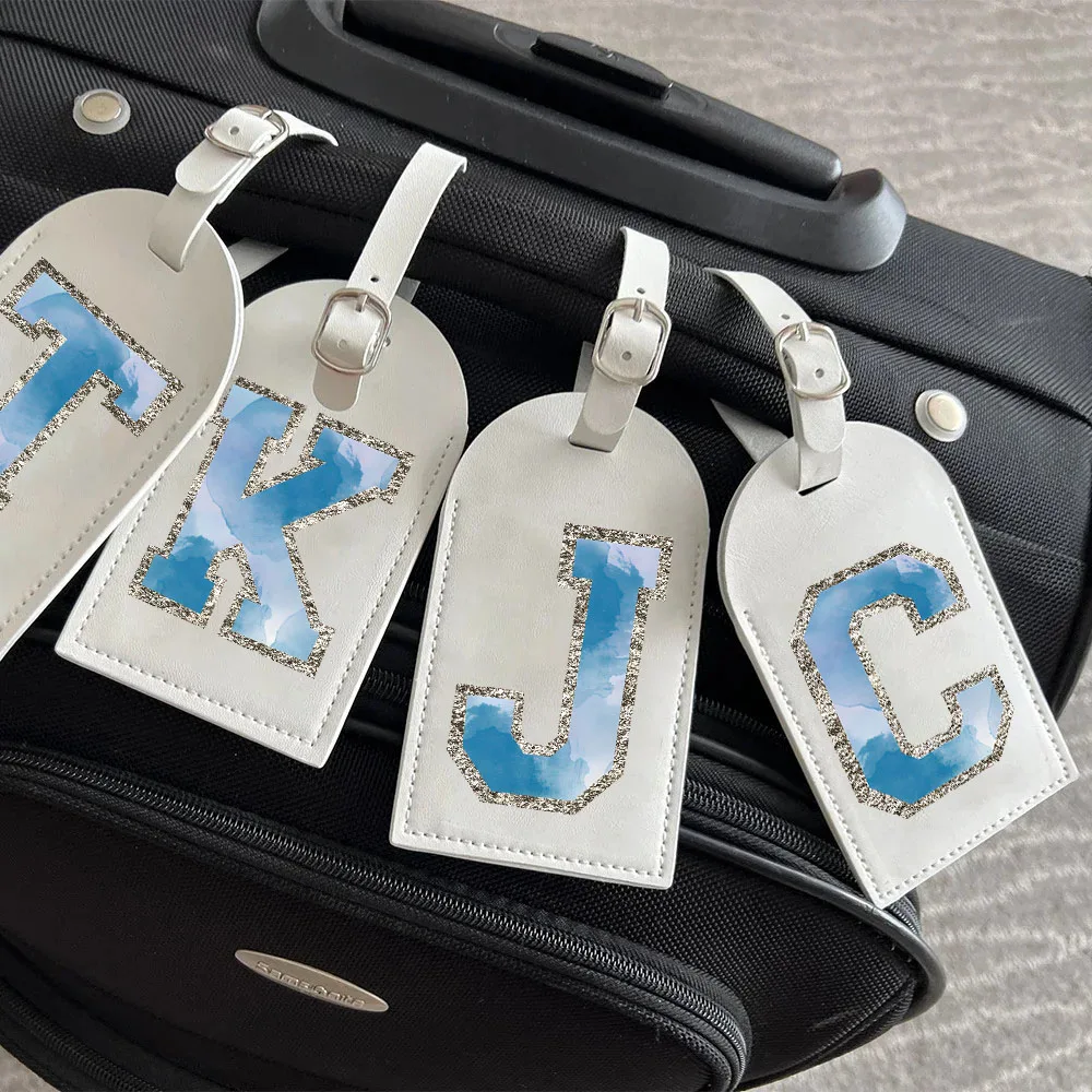 Blue Initial Printed Women PU Leather Luggage Tag Suitcase Label Baggage Tag Travel Neceser Accessorie Wdding Birthday Xmas Gift