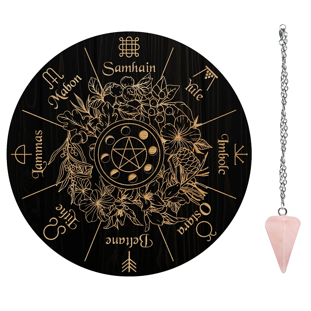 Pendulum Board Set Wooden Dowsing Divination Board Metaphysical Message Board with Pendulum Necklace for Supplies Kit Wheel