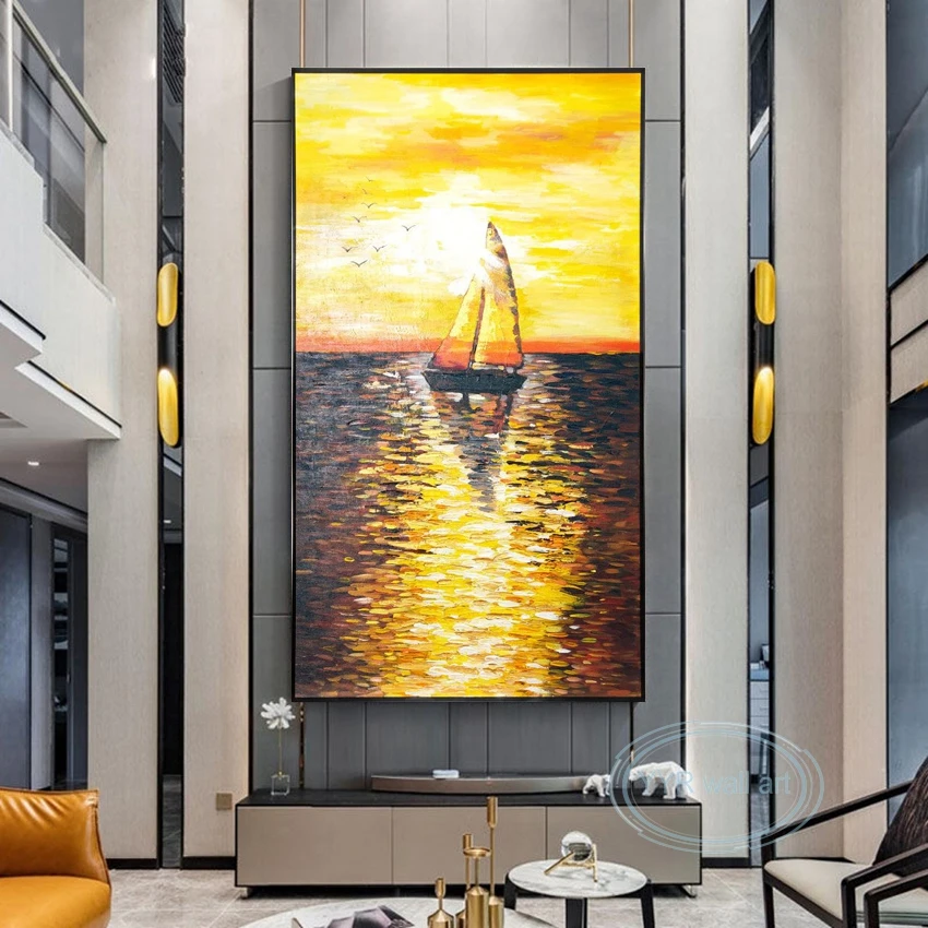 Vertical Home Decoration Poster 100%Handmade Oil Painting Abstract Sea Sailing Wall Aesthetic Art Canvas Living Room Porch Hotel