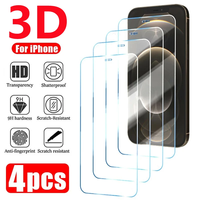 4PCS Tempered Glass for iPhone 11 12 13 14 15 Pro XR X XS Max Screen Protector on for iPhone 12 13 Mini Glass