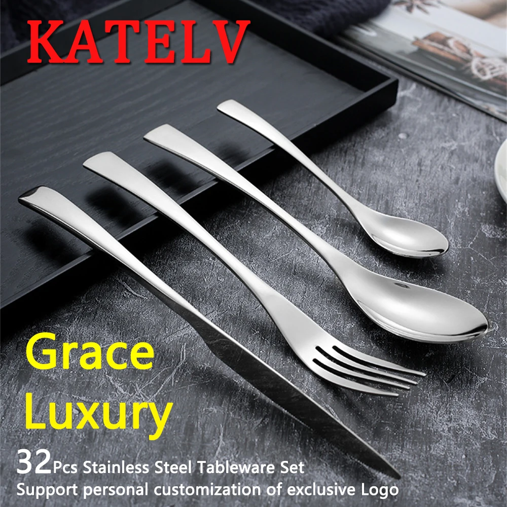 32Pcs Tableware Set Stainless Steel Luxury Dinnerware Private Custom Logo Knife Fork Spoon Kitchen Accessories Grace Cutlery Set