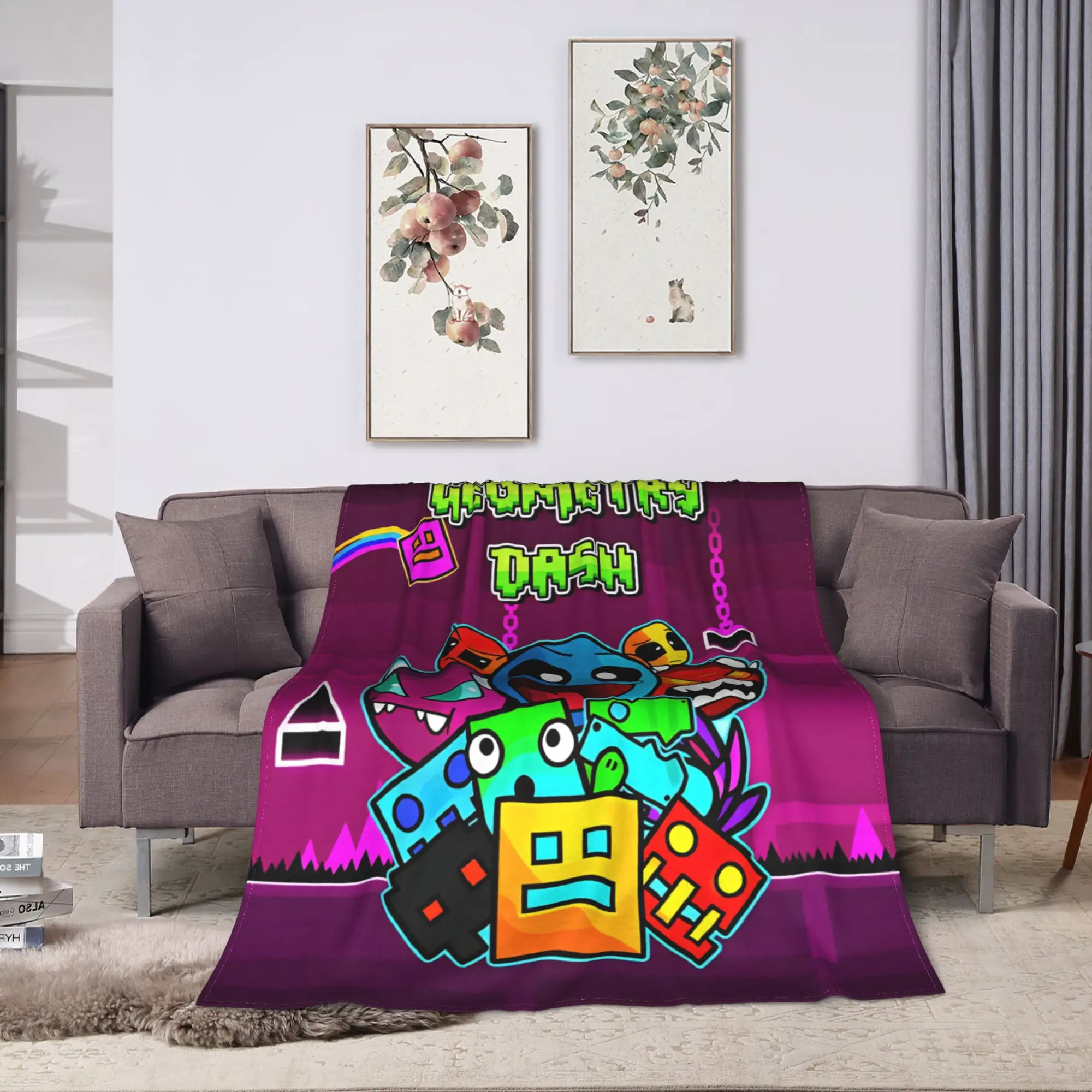 Soft Blanket Girls Boys Geometry Dash Game Music Cute Geometric Throw Blanket Flannel Bedspread For Couch Bed Sofa Bed Cover