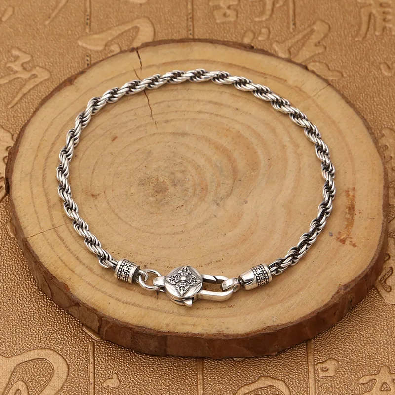 

S925 sterling silver jewelry retro hemp rope six-character mantra vajra men's and women's thai silver bracelet silver bracelet